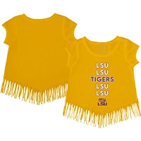 Girls Youth Tiny Turnip Gold LSU Tigers Stacked Fringed T-Shirt