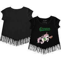 Girls Youth Tiny Turnip Black Oregon Ducks Unicorn Fringed T-Shirt