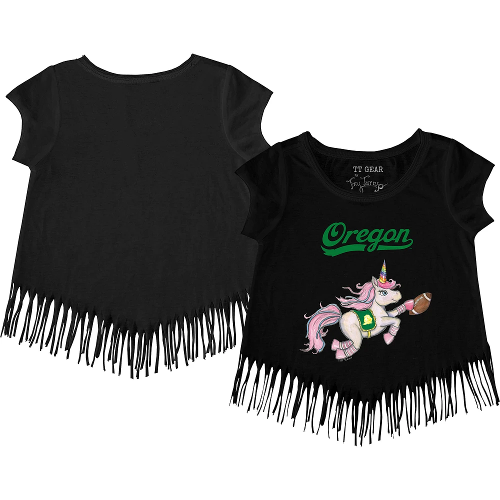 Girls Youth Tiny Turnip Black Oregon Ducks Unicorn Fringed T-Shirt