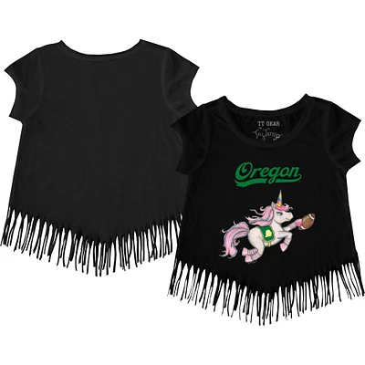 Girls Youth Tiny Turnip Black Oregon Ducks Unicorn Fringed T-Shirt