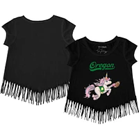 Girls Youth Tiny Turnip Black Oregon Ducks Unicorn Fringed T-Shirt