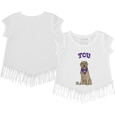 Girls Youth Tiny Turnip White TCU Horned Frogs Golden Retriever Fringed T-Shirt