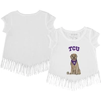 Girls Youth Tiny Turnip White TCU Horned Frogs Golden Retriever Fringed T-Shirt