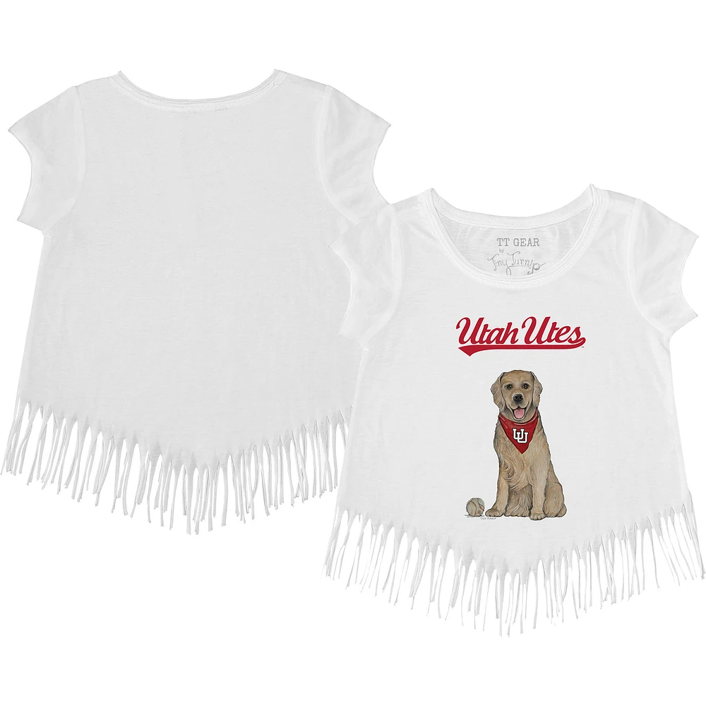 Girls Youth Tiny Turnip White Utah Utes Golden Retriever Fringed T-Shirt