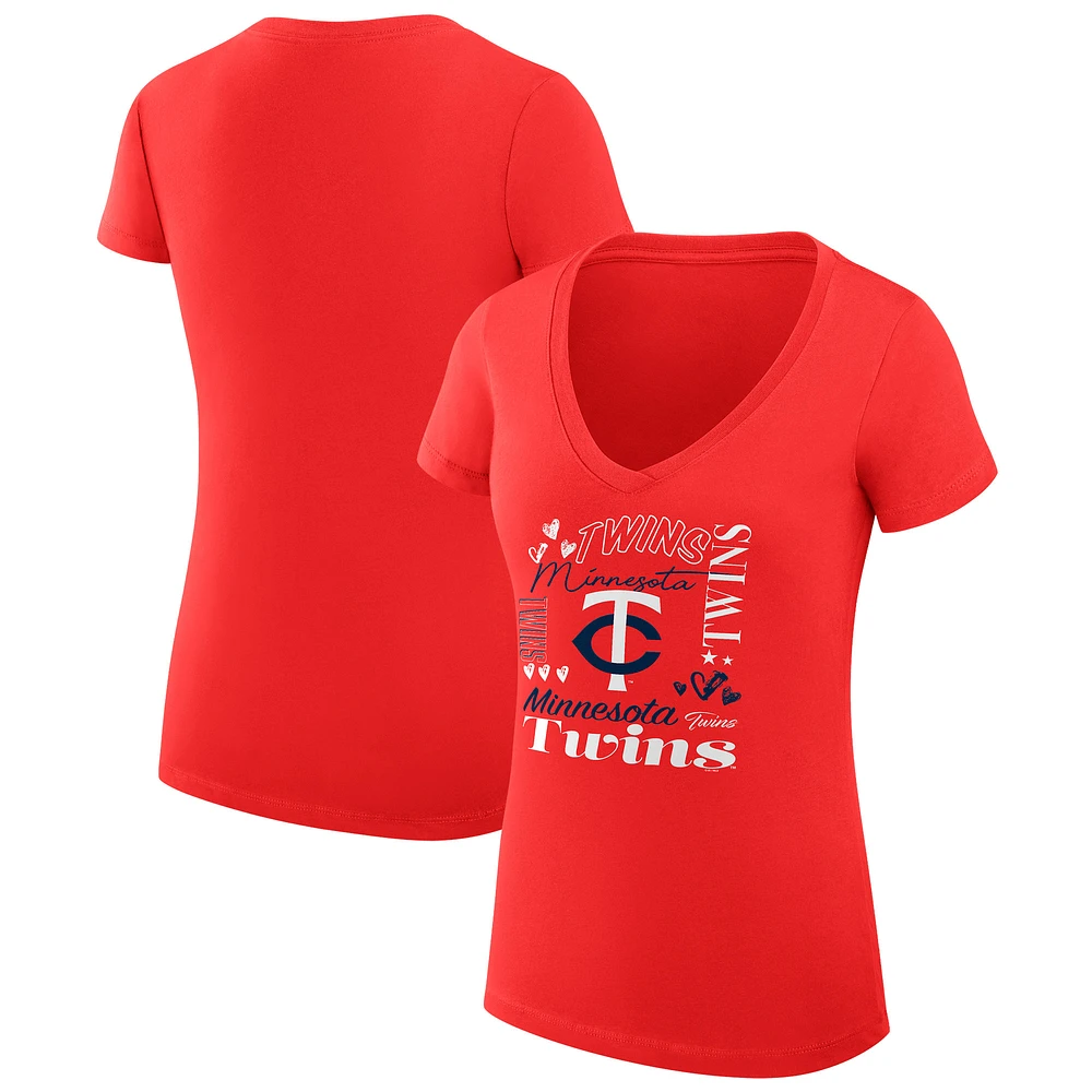 Women's G-III 4Her by Carl Banks Red Minnesota Twins Collage Team Graphic V-Neck Fitted T-Shirt