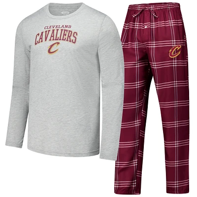 Men's Concepts Sport Wine Cleveland Cavaliers Petition Long Sleeve T-Shirt and Plaid Pant Set