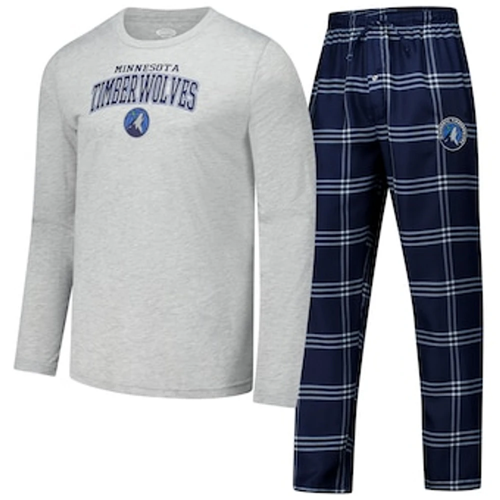 Men's Concepts Sport Navy Minnesota Timberwolves Petition Long Sleeve T-Shirt and Plaid Pant Set