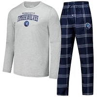 Men's Concepts Sport Navy Minnesota Timberwolves Petition Long Sleeve T-Shirt and Plaid Pant Set