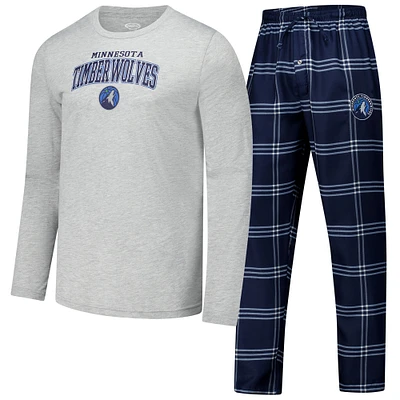 Men's Concepts Sport Navy Minnesota Timberwolves Petition Long Sleeve T-Shirt and Plaid Pant Set