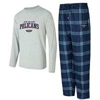 Men's Concepts Sport Navy/Gray New Orleans Pelicans Petition Long Sleeve T-Shirt and Plaid Pant Set