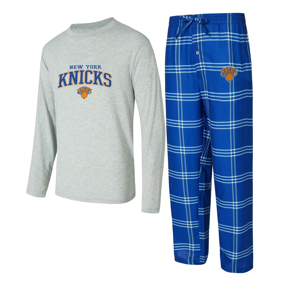 Men's Concepts Sport Blue/Gray New York Knicks Petition Long Sleeve T-Shirt and Plaid Pant Set