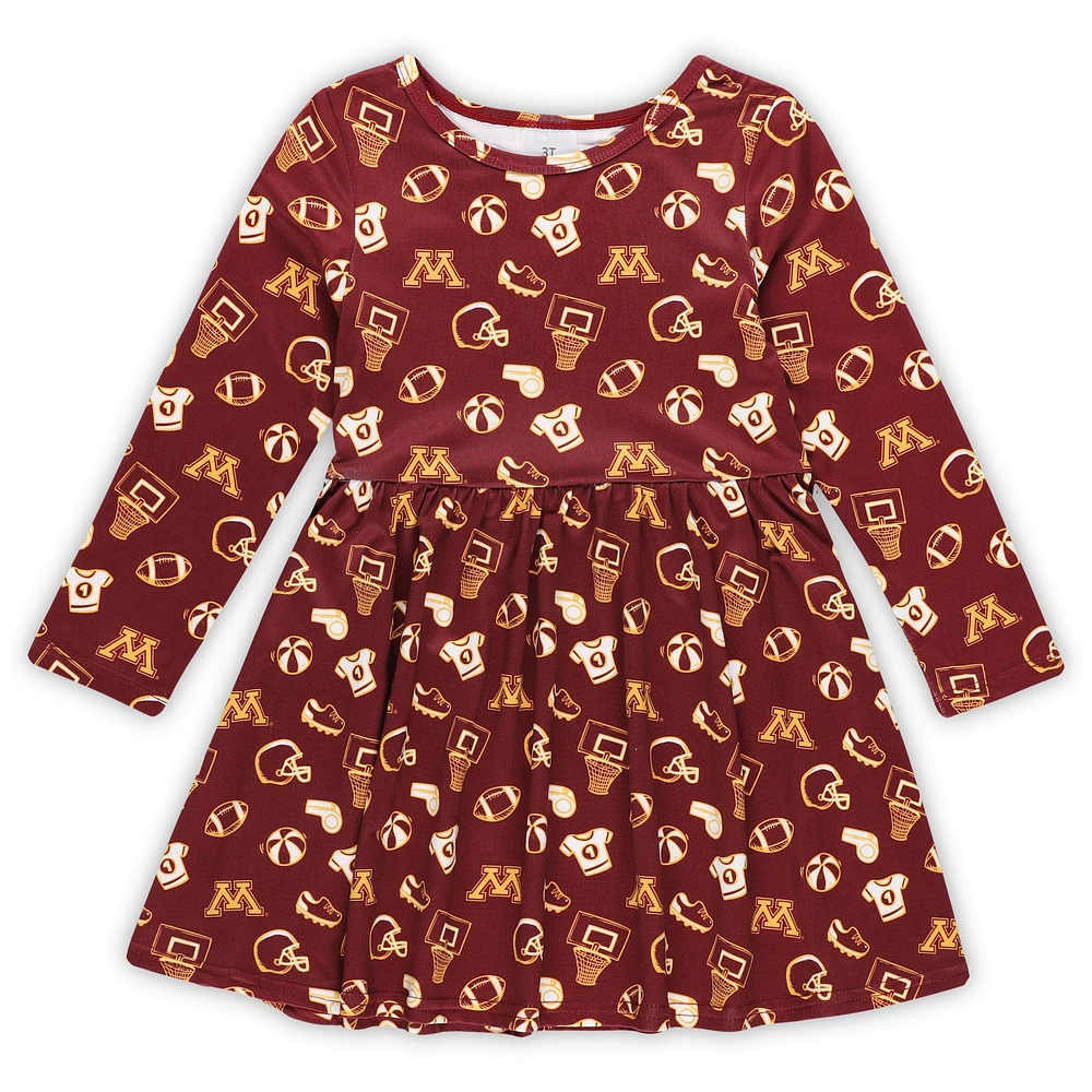 Girls Toddler ZooZatz Maroon Minnesota Golden Gophers Allover Print Long Sleeve Dress