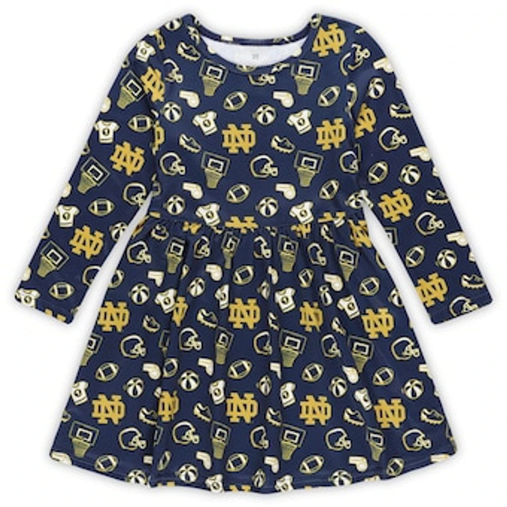 Girls Toddler ZooZatz Navy Notre Dame Fighting Irish Allover Print Long Sleeve Dress