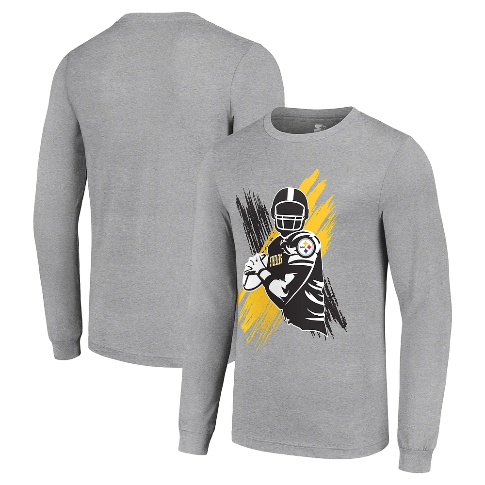 Men's Starter Heather Gray Pittsburgh Steelers Player X Logo Graphic Long Sleeve T-Shirt
