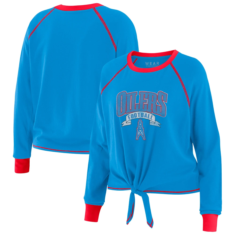 Women's WEAR by Erin Andrews Light Blue/Red Houston Oilers Tie-Front Long Sleeve Top