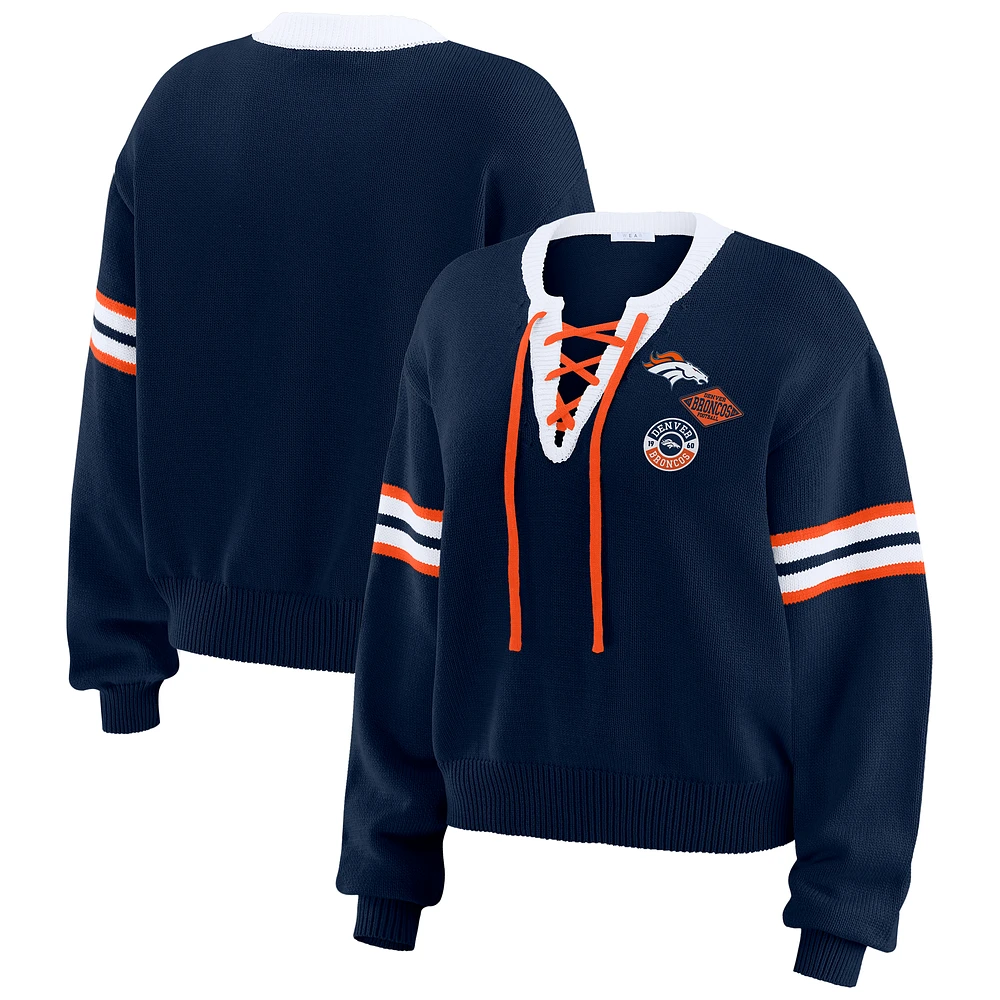 Women's WEAR by Erin Andrews Navy Denver Broncos Lace-Up Pullover Sweatshirt