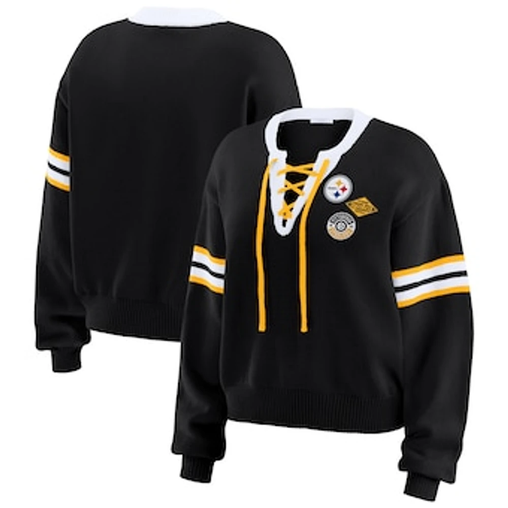 Women's WEAR by Erin Andrews Black Pittsburgh Steelers Lace-Up Pullover Sweatshirt