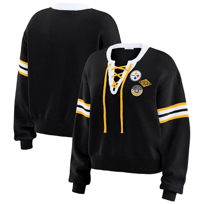 Women's WEAR by Erin Andrews Black Pittsburgh Steelers Lace-Up Pullover Sweatshirt