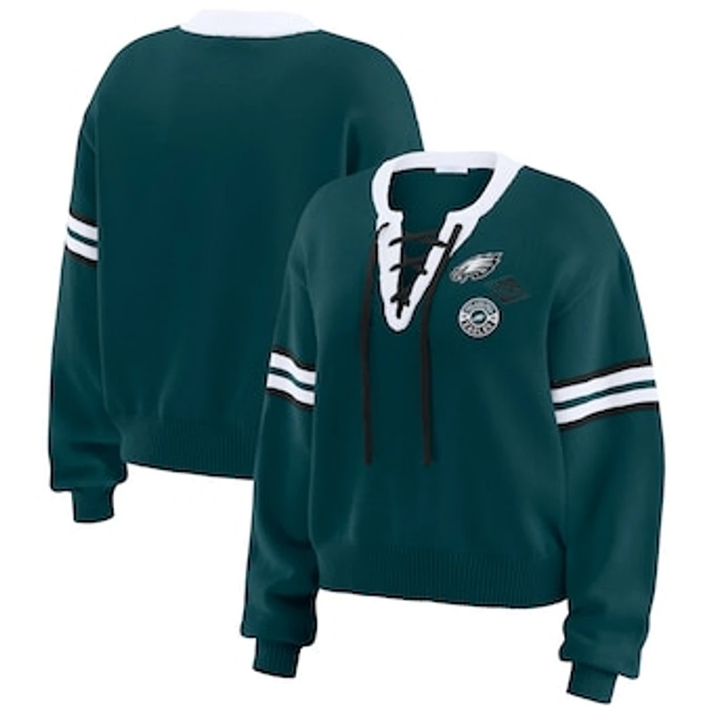 Women's WEAR by Erin Andrews Green Philadelphia Eagles Lace-Up Pullover Sweatshirt