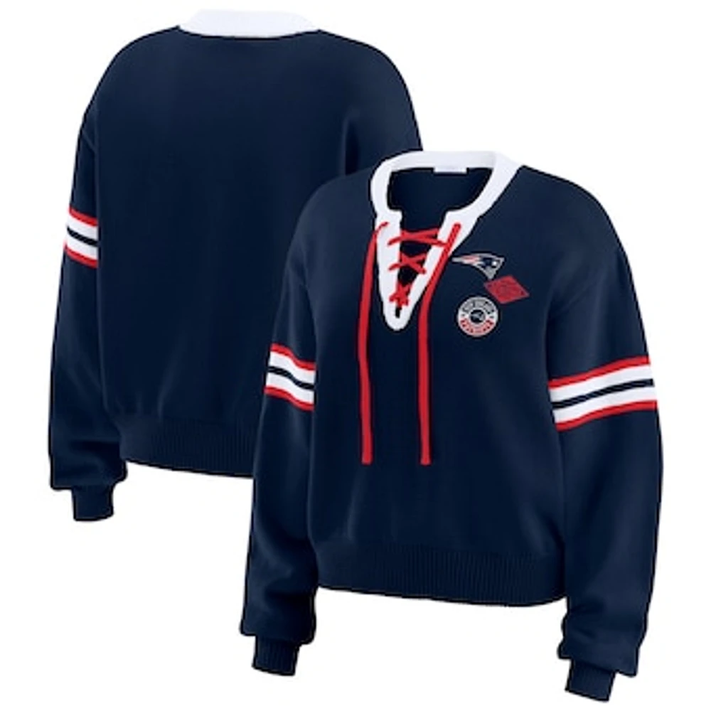 Women's WEAR by Erin Andrews Navy New England Patriots Lace-Up Pullover Sweatshirt