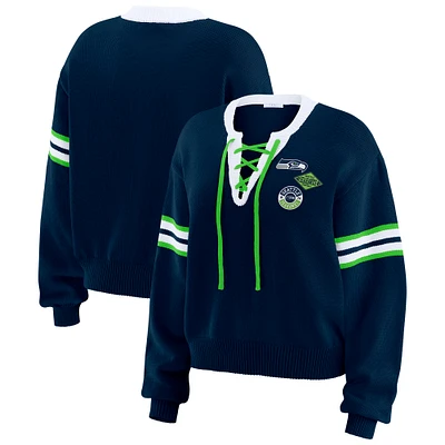 Women's WEAR by Erin Andrews Navy Seattle Seahawks Lace-Up Pullover Sweatshirt