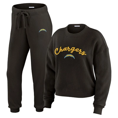 Women's WEAR by Erin Andrews  Cream Los Angeles Chargers Knitted Tri-Blend Long Sleeve T-Shirt & Pants Lounge Set