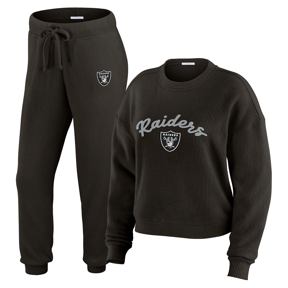 Women's WEAR by Erin Andrews  Cream Las Vegas Raiders Knitted Tri-Blend Long Sleeve T-Shirt & Pants Lounge Set