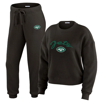 Women's WEAR by Erin Andrews  Cream New York Jets Knitted Tri-Blend Long Sleeve T-Shirt & Pants Lounge Set