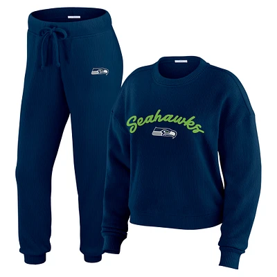 Women's WEAR by Erin Andrews  Cream Seattle Seahawks Knitted Tri-Blend Long Sleeve T-Shirt & Pants Lounge Set