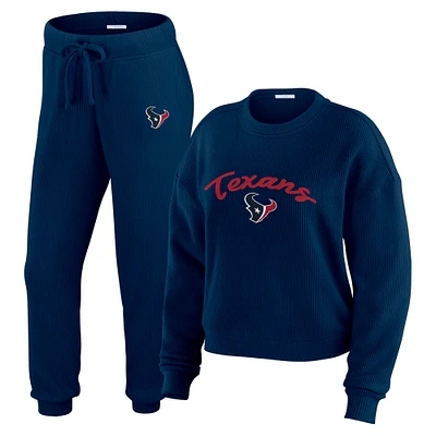 Women's WEAR by Erin Andrews  Cream Houston Texans Knitted Tri-Blend Long Sleeve T-Shirt & Pants Lounge Set