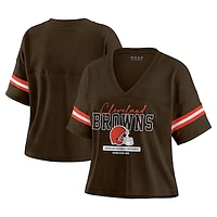 Women's WEAR by Erin Andrews Brown Cleveland Browns Color Block Boxy Modest Crop V-Neck T-Shirt