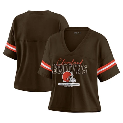 Women's WEAR by Erin Andrews Brown Cleveland Browns Color Block Boxy Modest Crop V-Neck T-Shirt