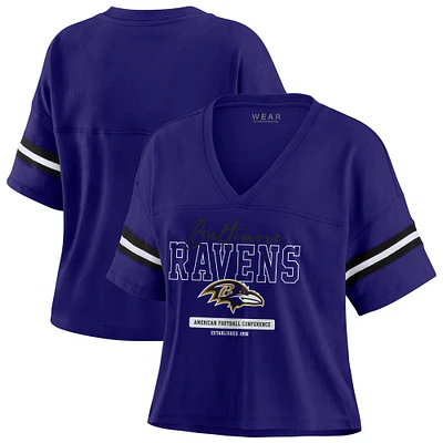 Women's WEAR by Erin Andrews Purple Baltimore Ravens Color Block Boxy Modest Crop V-Neck T-Shirt