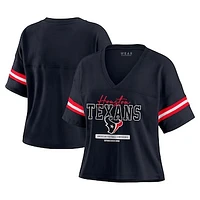 Women's WEAR by Erin Andrews Navy Houston Texans Color Block Boxy Modest Crop V-Neck T-Shirt