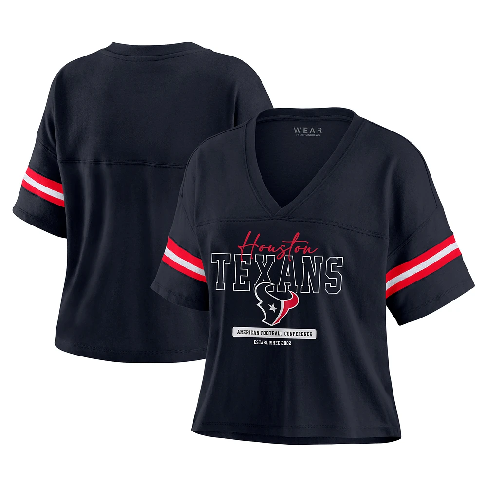 Women's WEAR by Erin Andrews Navy Houston Texans Color Block Boxy Modest Crop V-Neck T-Shirt