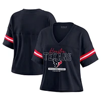 Women's WEAR by Erin Andrews Navy Houston Texans Color Block Boxy Modest Crop V-Neck T-Shirt