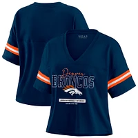 Women's WEAR by Erin Andrews Navy Denver Broncos Color Block Boxy Modest Crop V-Neck T-Shirt