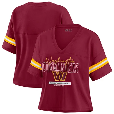 Women's WEAR by Erin Andrews Burgundy Washington Commanders Color Block Boxy Modest Crop V-Neck T-Shirt