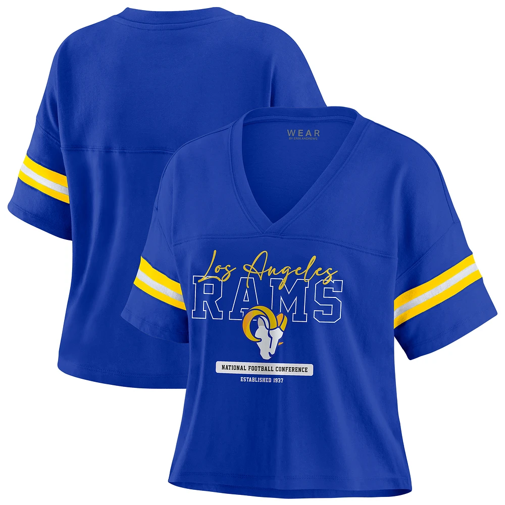 Women's WEAR by Erin Andrews Royal Los Angeles Rams Color Block Boxy Modest Crop V-Neck T-Shirt