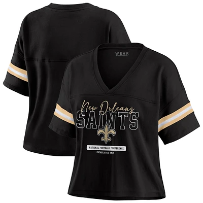 Women's WEAR by Erin Andrews Black New Orleans Saints Color Block Boxy Modest Crop V-Neck T-Shirt