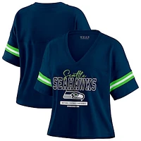 Women's WEAR by Erin Andrews Navy Seattle Seahawks Color Block Boxy Modest Crop V-Neck T-Shirt