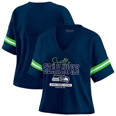 Women's WEAR by Erin Andrews Navy Seattle Seahawks Color Block Boxy Modest Crop V-Neck T-Shirt