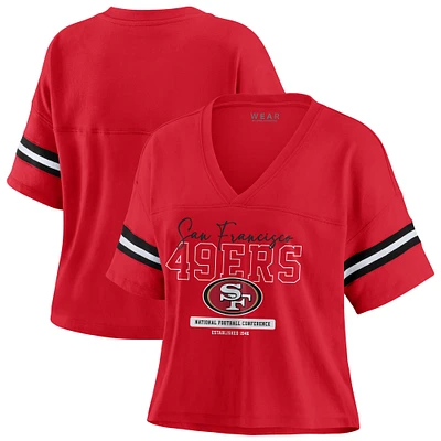 Women's WEAR by Erin Andrews Scarlet San Francisco 49ers Color Block Boxy Modest Crop V-Neck T-Shirt