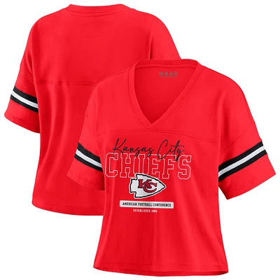 Women's WEAR by Erin Andrews Red Kansas City Chiefs Color Block Boxy Modest Crop V-Neck T-Shirt