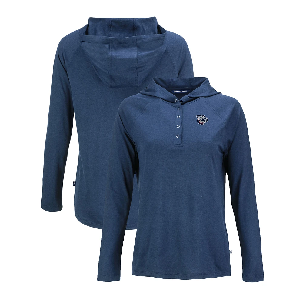 Women's Cutter & Buck Navy Lehigh Valley IronPigs Coastline Epic Comfort Eco Recycled Long Sleeve Hoodie T-Shirt