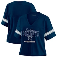 Women's WEAR by Erin Andrews Navy Dallas Cowboys Color Block Boxy Modest Crop V-Neck T-Shirt