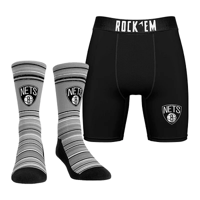 Men's Rock Em Socks Brooklyn Nets Primary Crew Socks & Boxer Briefs Combo Pack