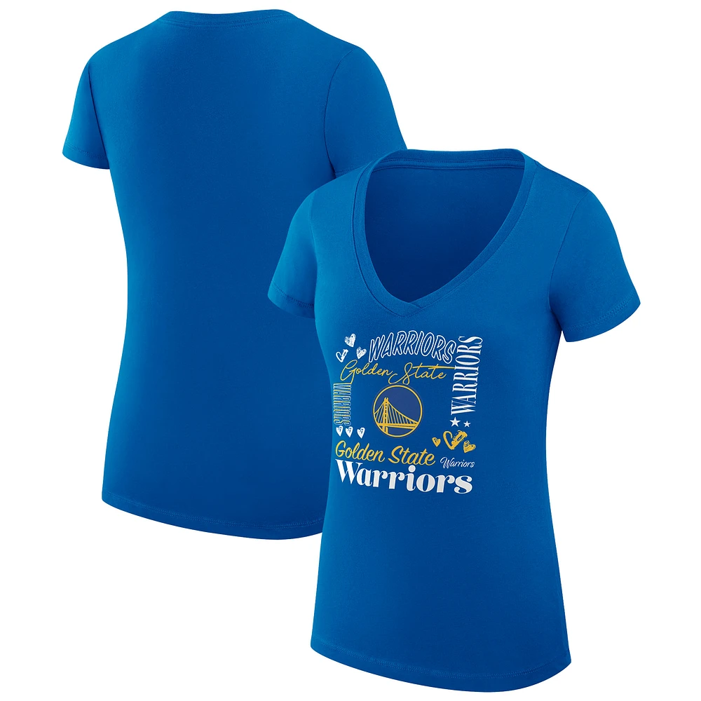 Women's G-III 4Her by Carl Banks Royal Golden State Warriors Team Name Collage Fitted Graphic V-Neck T-Shirt