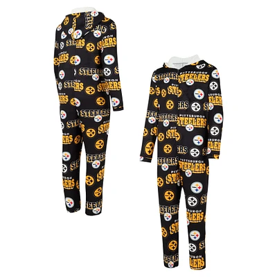 Men's Concepts Sport Black Pittsburgh Steelers Roadway All Over Microfleece Full-Zip Union Suit