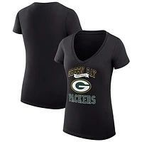 Women's G-III 4Her by Carl Banks Black Green Bay Packers Team Logo Graphic Fitted V-Neck T-Shirt